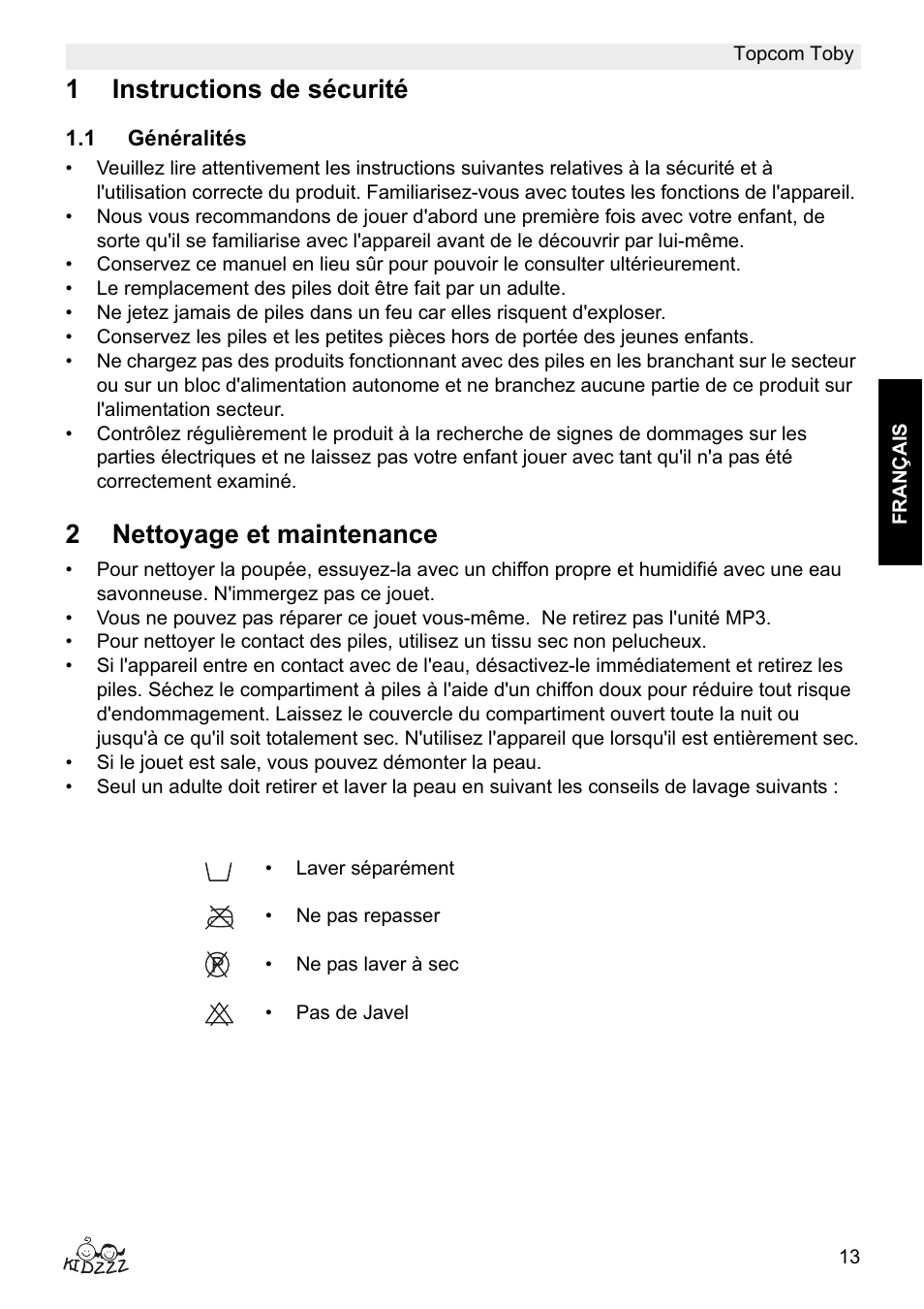 1instructions de sécurité, 2nettoyage et maintenance | Topcom Toby User Manual | Page 13 / 76