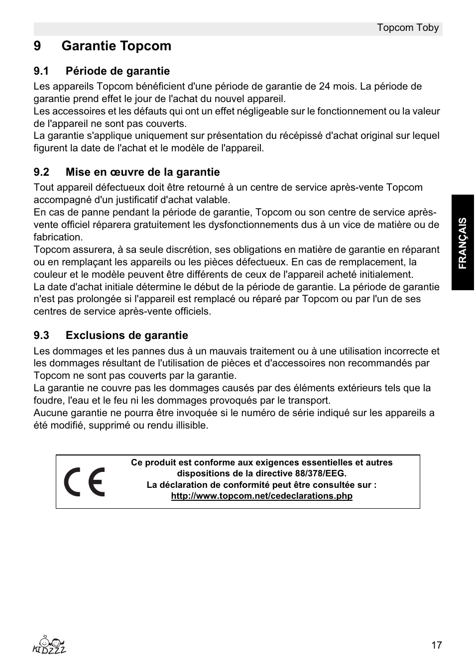 9garantie topcom | Topcom Toby User Manual | Page 17 / 76