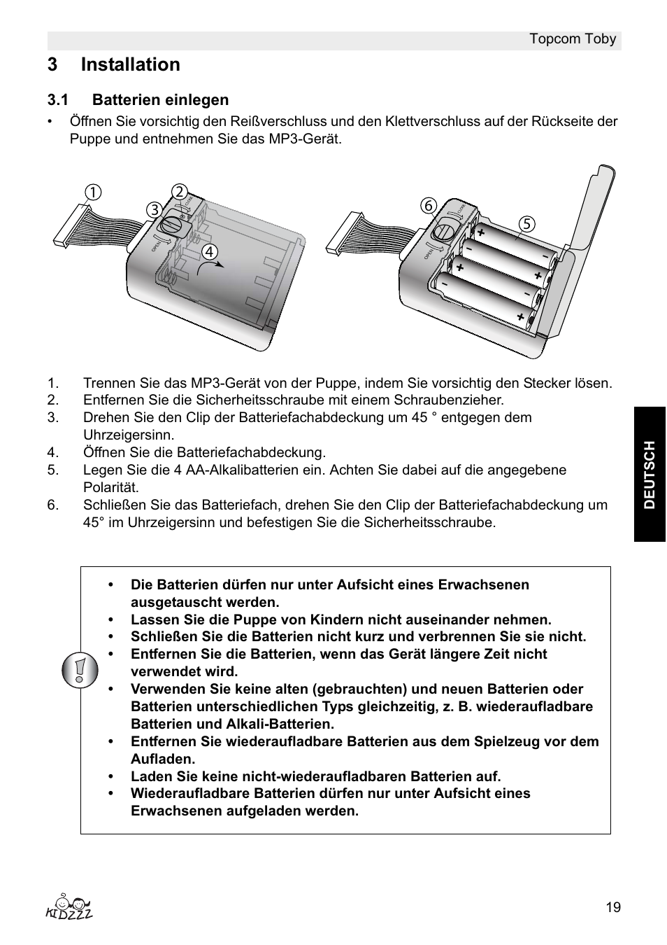 3installation, 1 batterien einlegen | Topcom Toby User Manual | Page 19 / 76