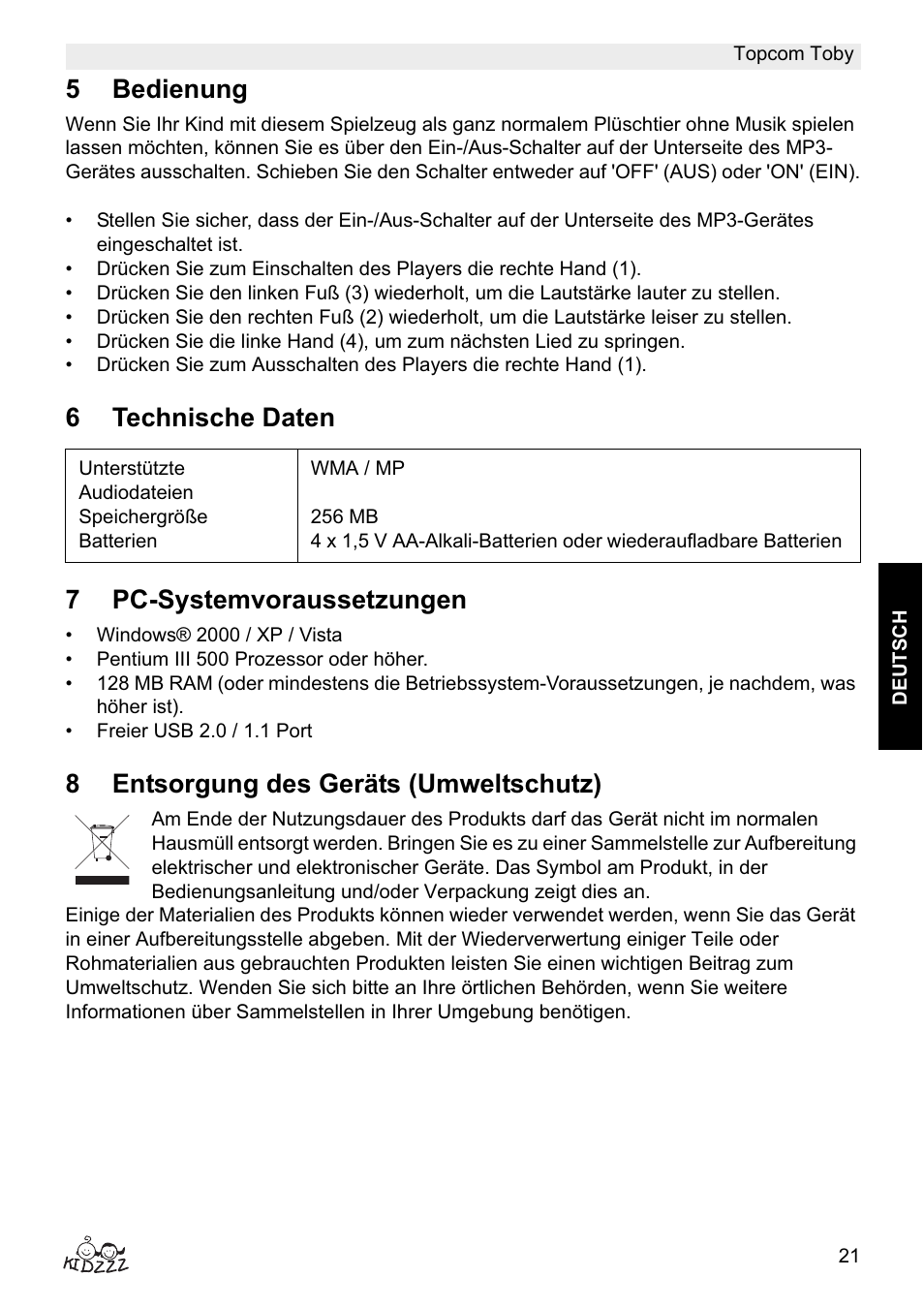 5bedienung, 6technische daten 7 pc-systemvoraussetzungen, 8entsorgung des geräts (umweltschutz) | Topcom Toby User Manual | Page 21 / 76