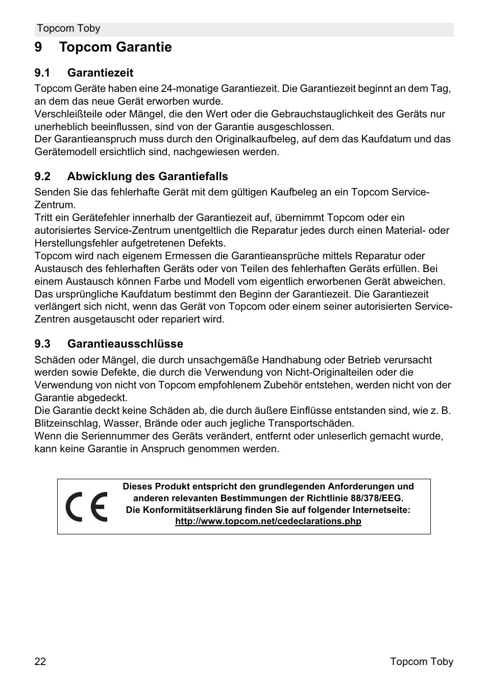 9topcom garantie | Topcom Toby User Manual | Page 22 / 76