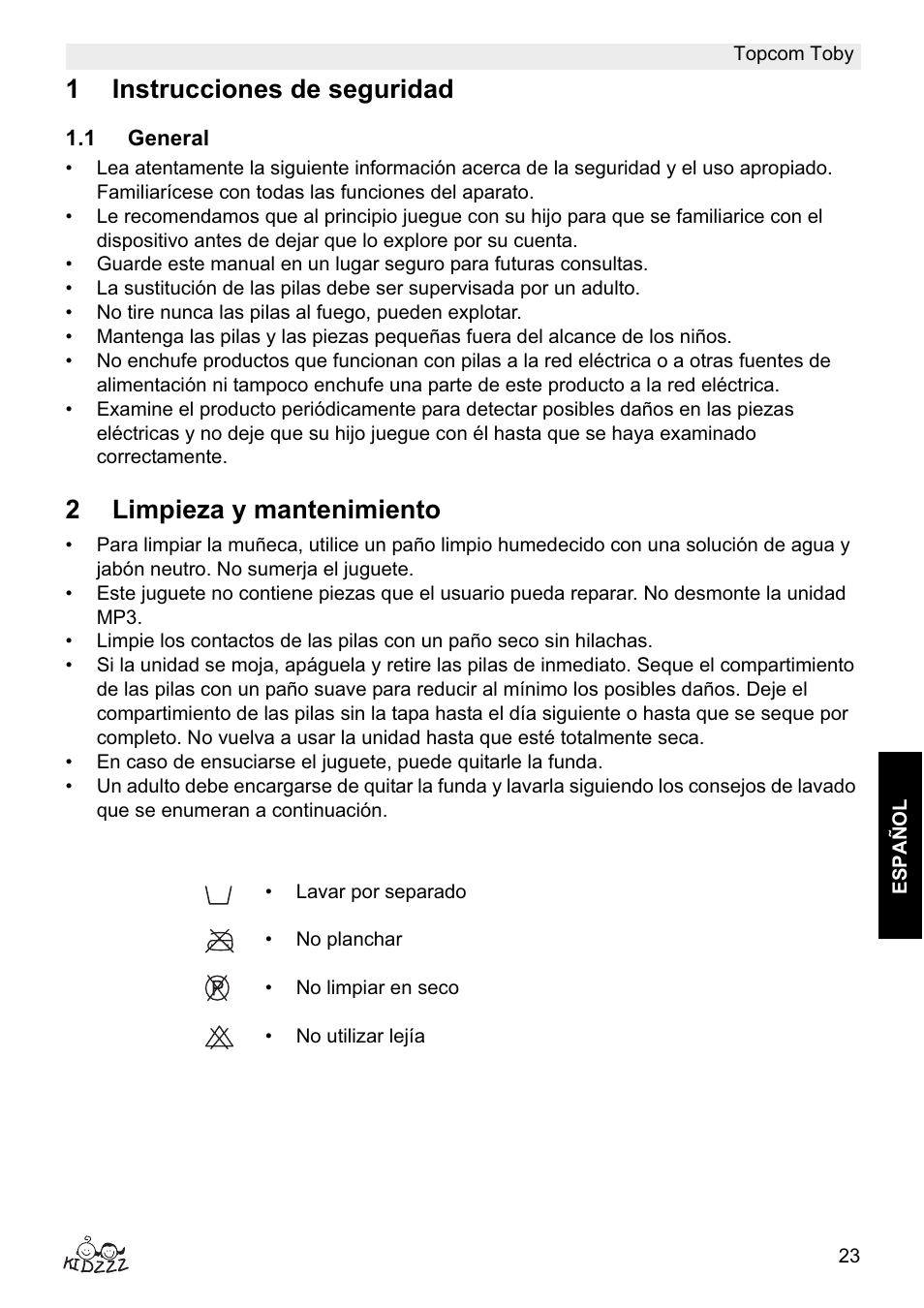 1instrucciones de seguridad, 2limpieza y mantenimiento | Topcom Toby User Manual | Page 23 / 76