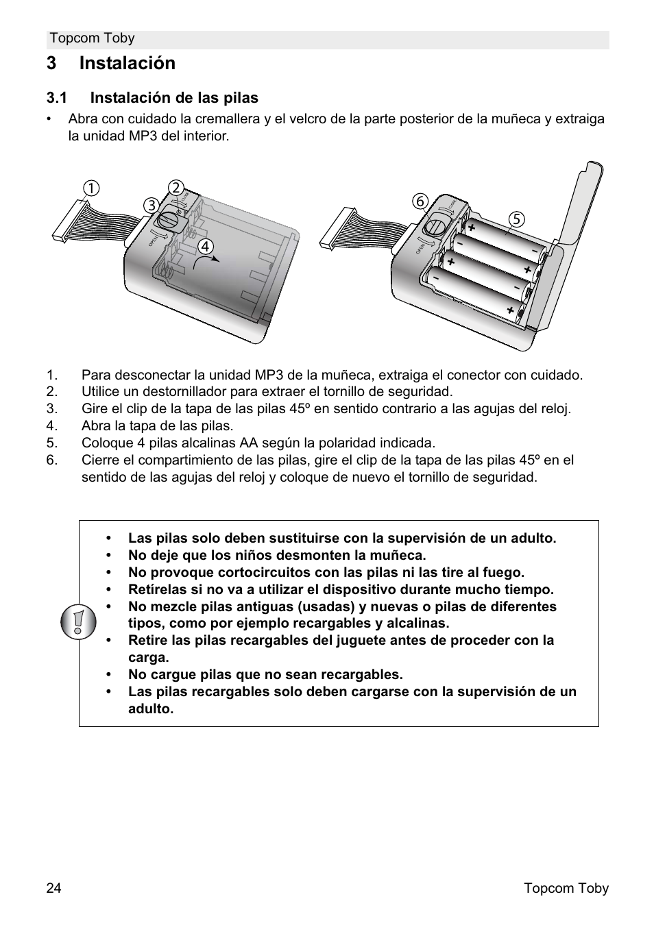 3instalación, 1 instalación de las pilas | Topcom Toby User Manual | Page 24 / 76