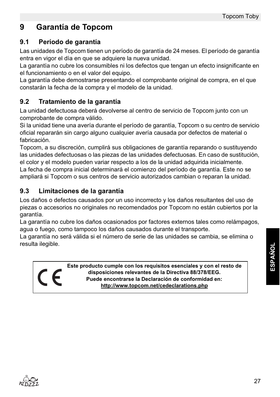 9garantía de topcom | Topcom Toby User Manual | Page 27 / 76