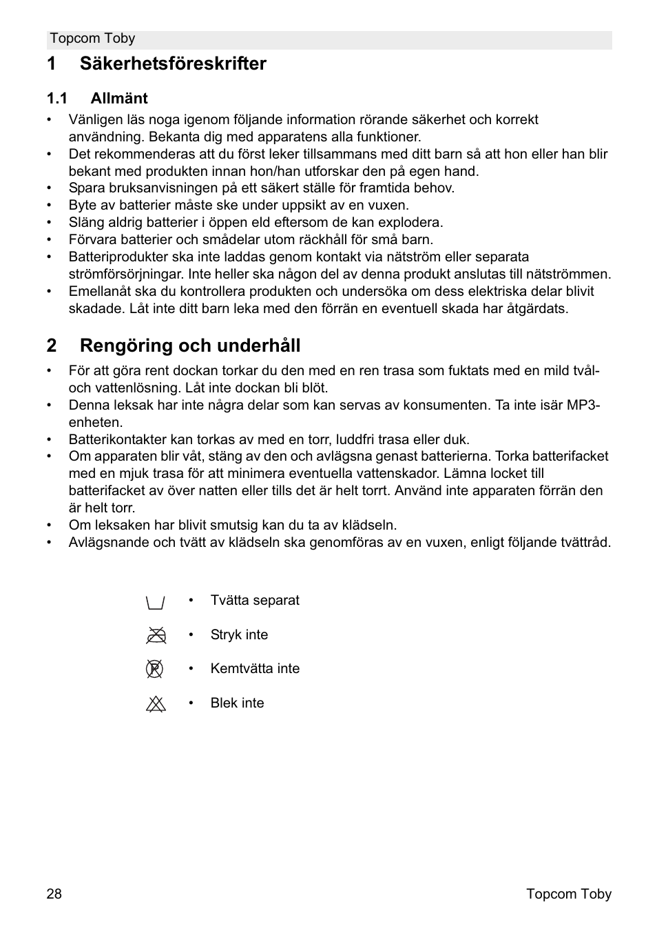 1säkerhetsföreskrifter, 2rengöring och underhåll | Topcom Toby User Manual | Page 28 / 76