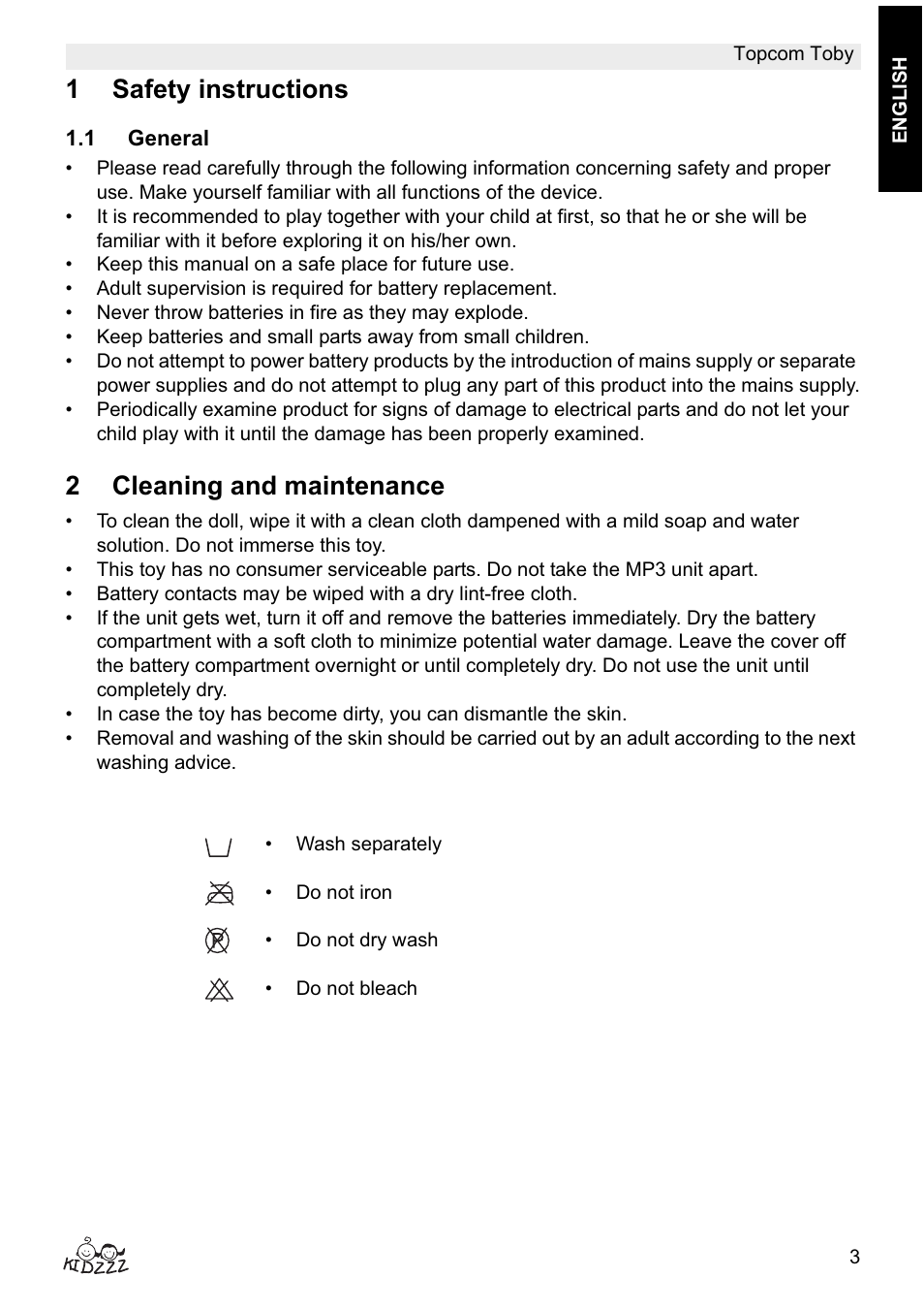 1safety instructions, 2cleaning and maintenance | Topcom Toby User Manual | Page 3 / 76