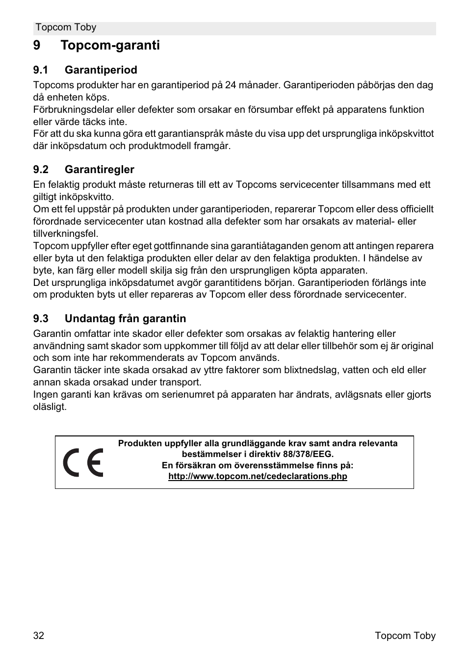 9topcom-garanti | Topcom Toby User Manual | Page 32 / 76