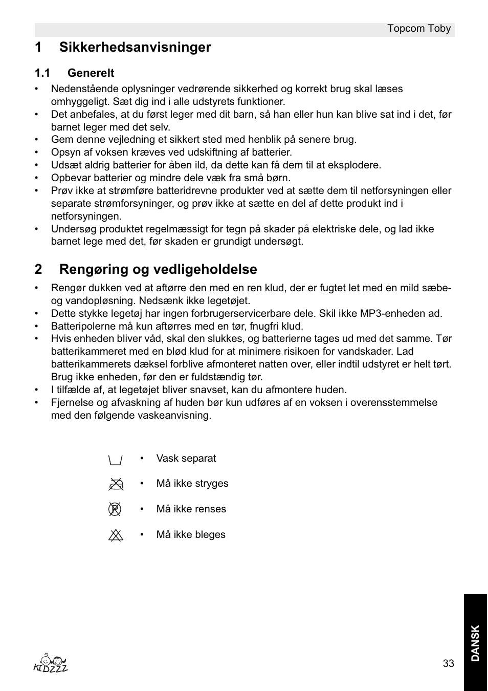 1sikkerhedsanvisninger, 2rengøring og vedligeholdelse | Topcom Toby User Manual | Page 33 / 76