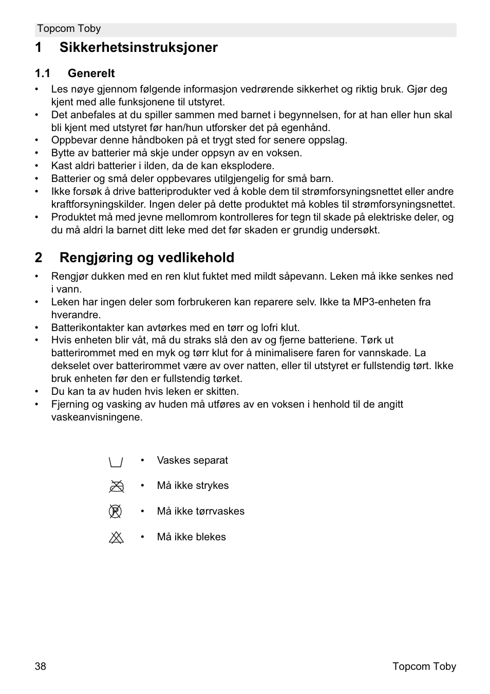 1sikkerhetsinstruksjoner, 2rengjøring og vedlikehold | Topcom Toby User Manual | Page 38 / 76