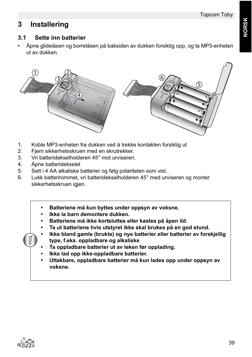 3installering, 1 sette inn batterier | Topcom Toby User Manual | Page 39 / 76