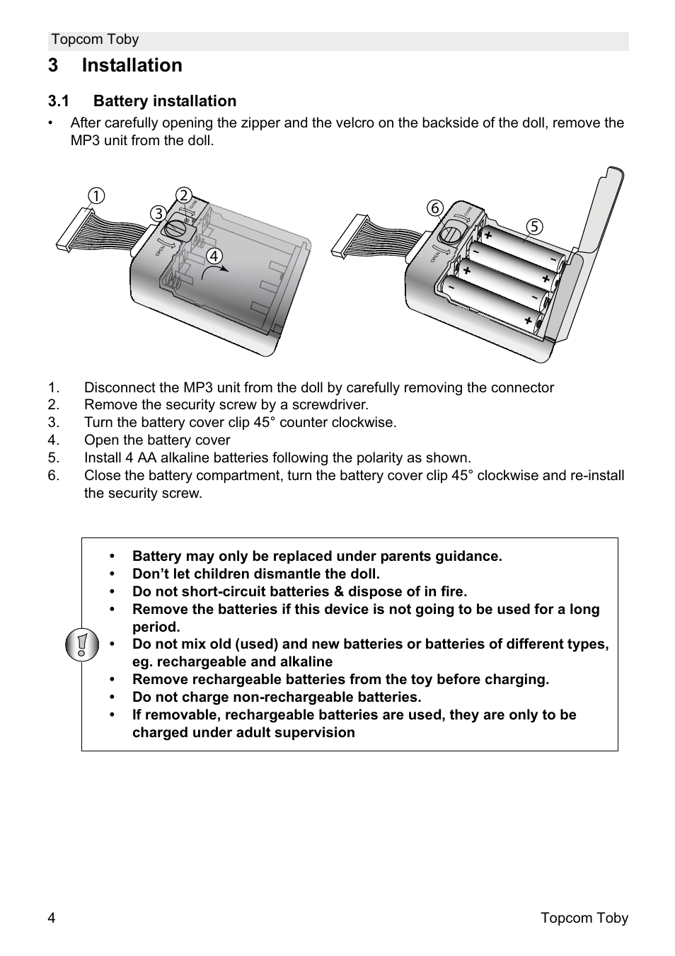 3installation, 1 battery installation | Topcom Toby User Manual | Page 4 / 76