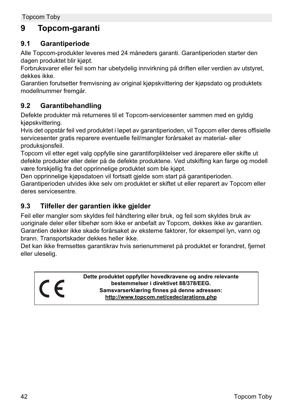 9topcom-garanti | Topcom Toby User Manual | Page 42 / 76