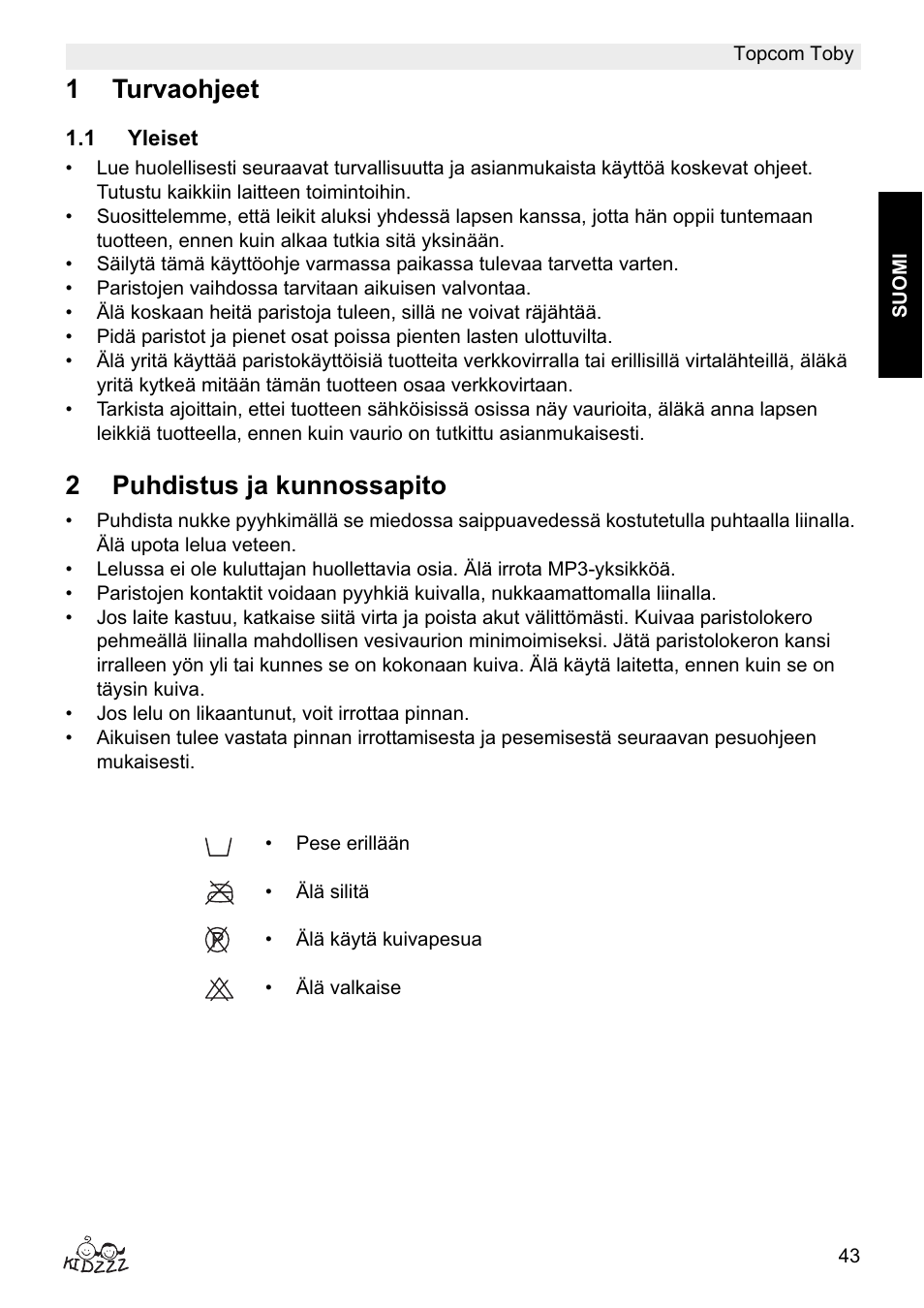 1turvaohjeet, 2puhdistus ja kunnossapito | Topcom Toby User Manual | Page 43 / 76