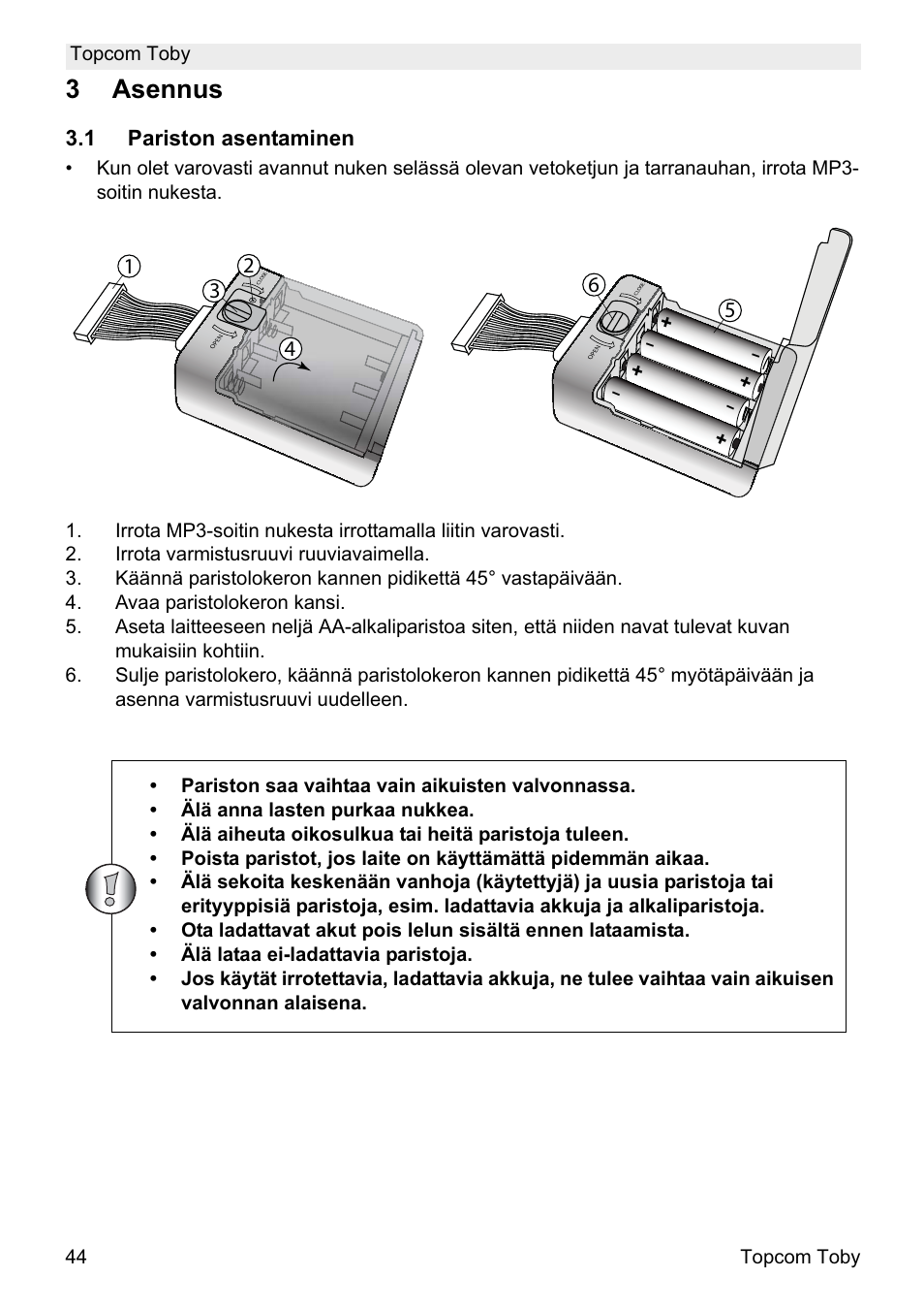 3asennus, 1 pariston asentaminen | Topcom Toby User Manual | Page 44 / 76