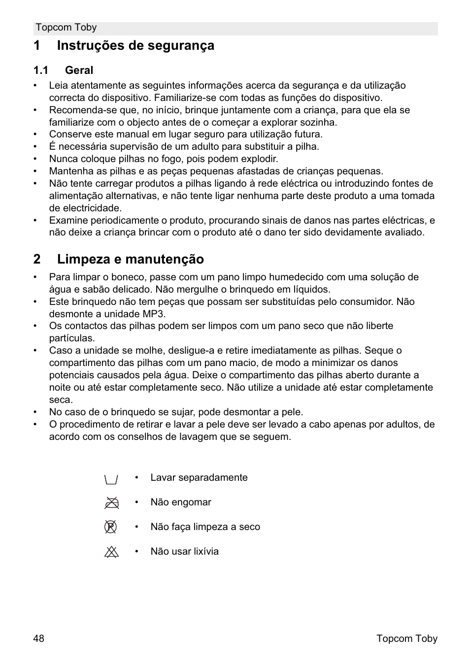 1instruções de segurança, 2limpeza e manutenção | Topcom Toby User Manual | Page 48 / 76