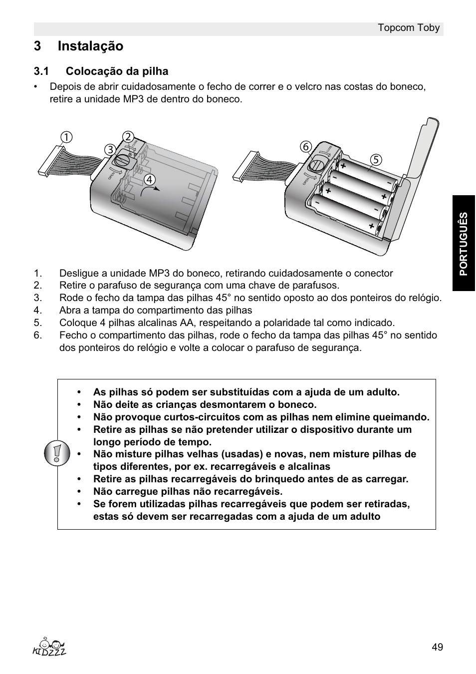 3instalação, 1 colocação da pilha | Topcom Toby User Manual | Page 49 / 76