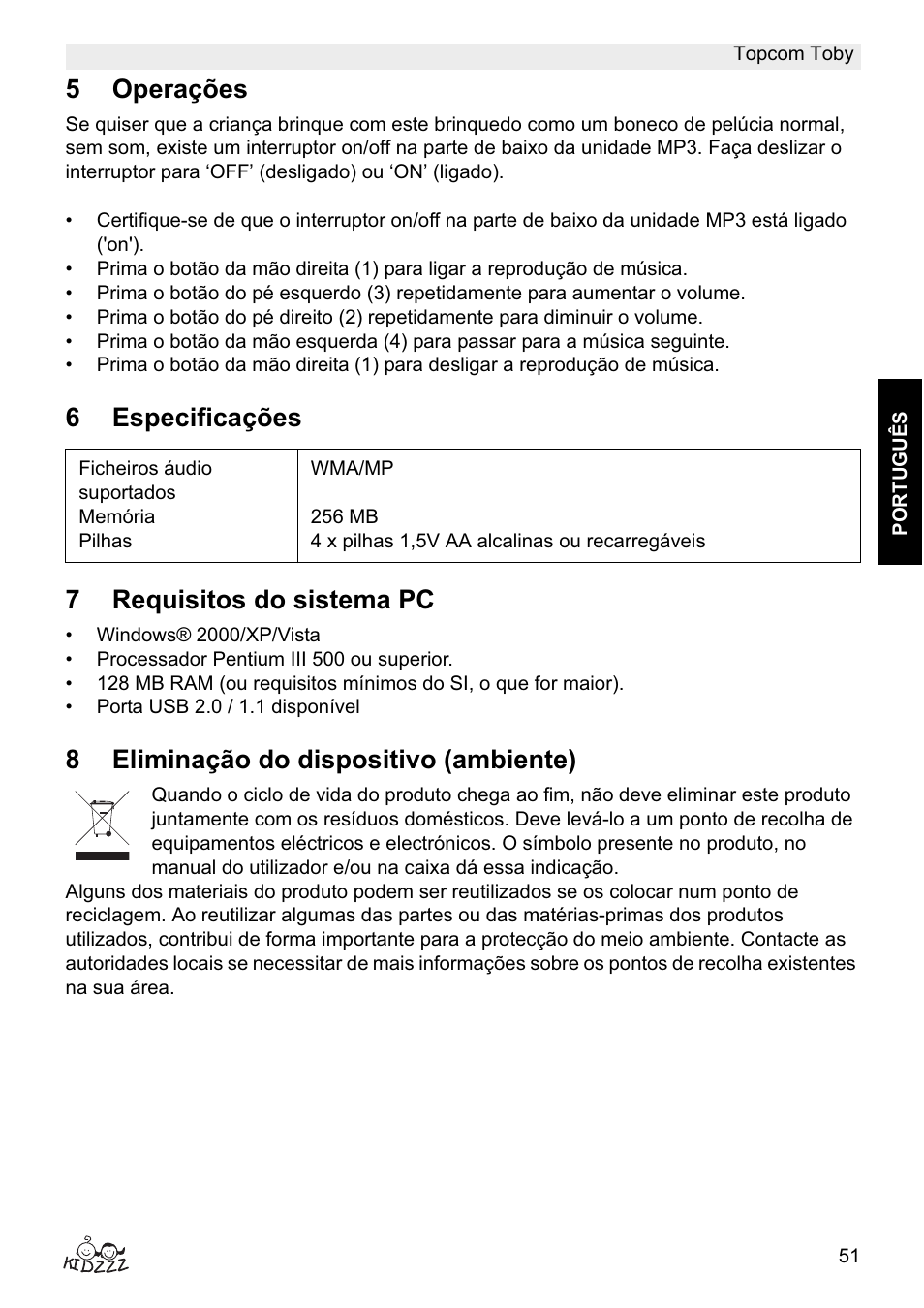 5operações, 6especificações 7 requisitos do sistema pc, 8eliminação do dispositivo (ambiente) | Topcom Toby User Manual | Page 51 / 76