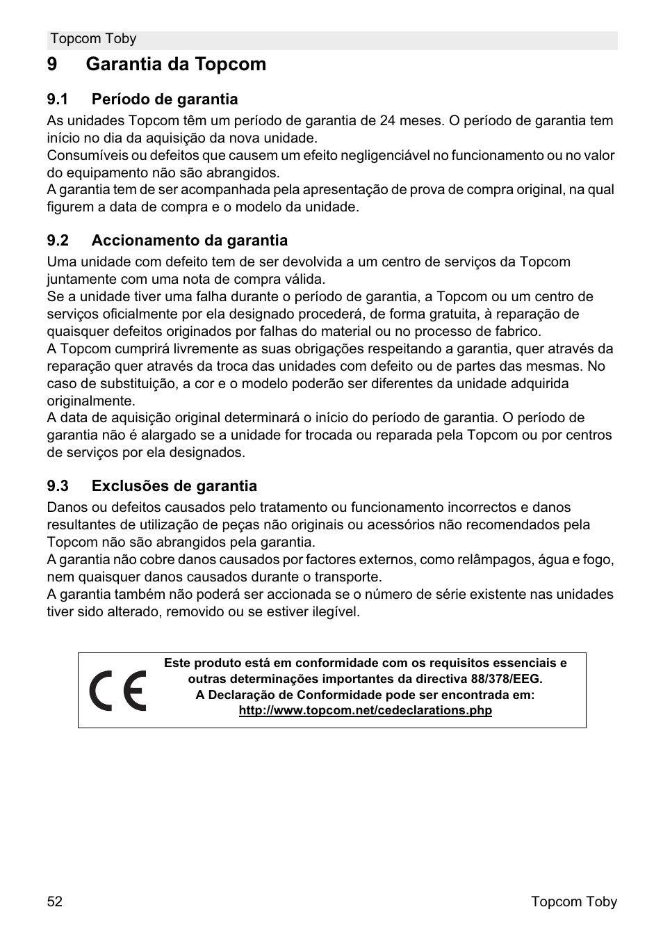 9garantia da topcom | Topcom Toby User Manual | Page 52 / 76