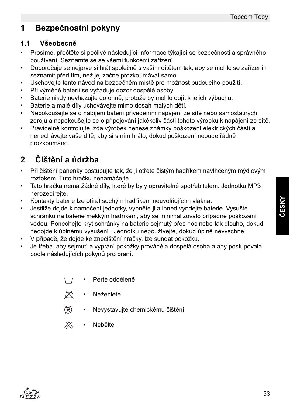 1bezpe þnostní pokyny, 2ýištční a údržba | Topcom Toby User Manual | Page 53 / 76