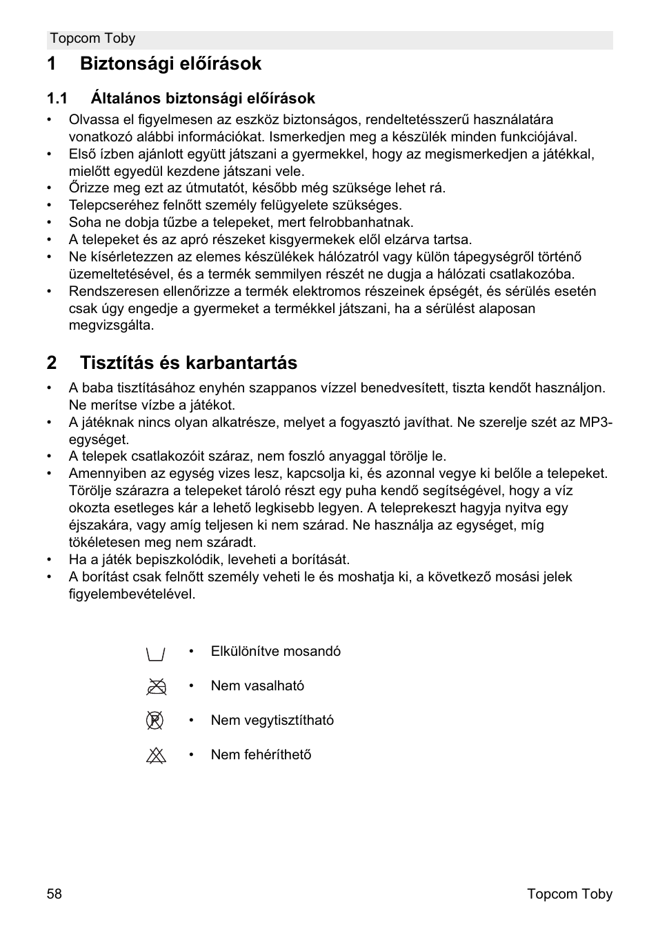 1biztonsági el ęírások, 2tisztítás és karbantartás | Topcom Toby User Manual | Page 58 / 76