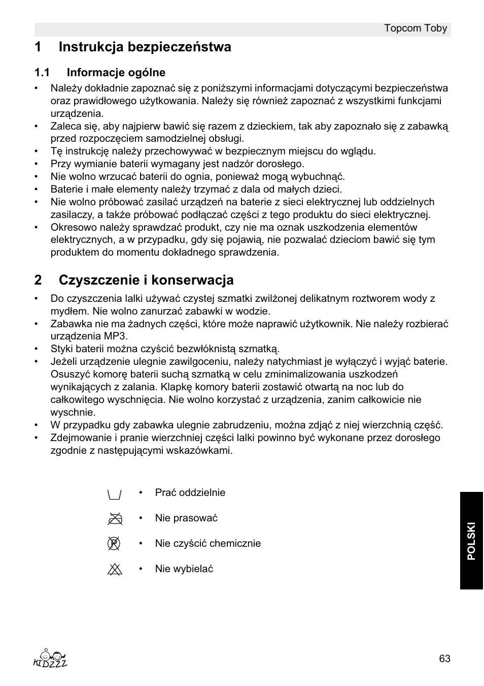 1instrukcja bezpiecze ĕstwa, 2czyszczenie i konserwacja | Topcom Toby User Manual | Page 63 / 76