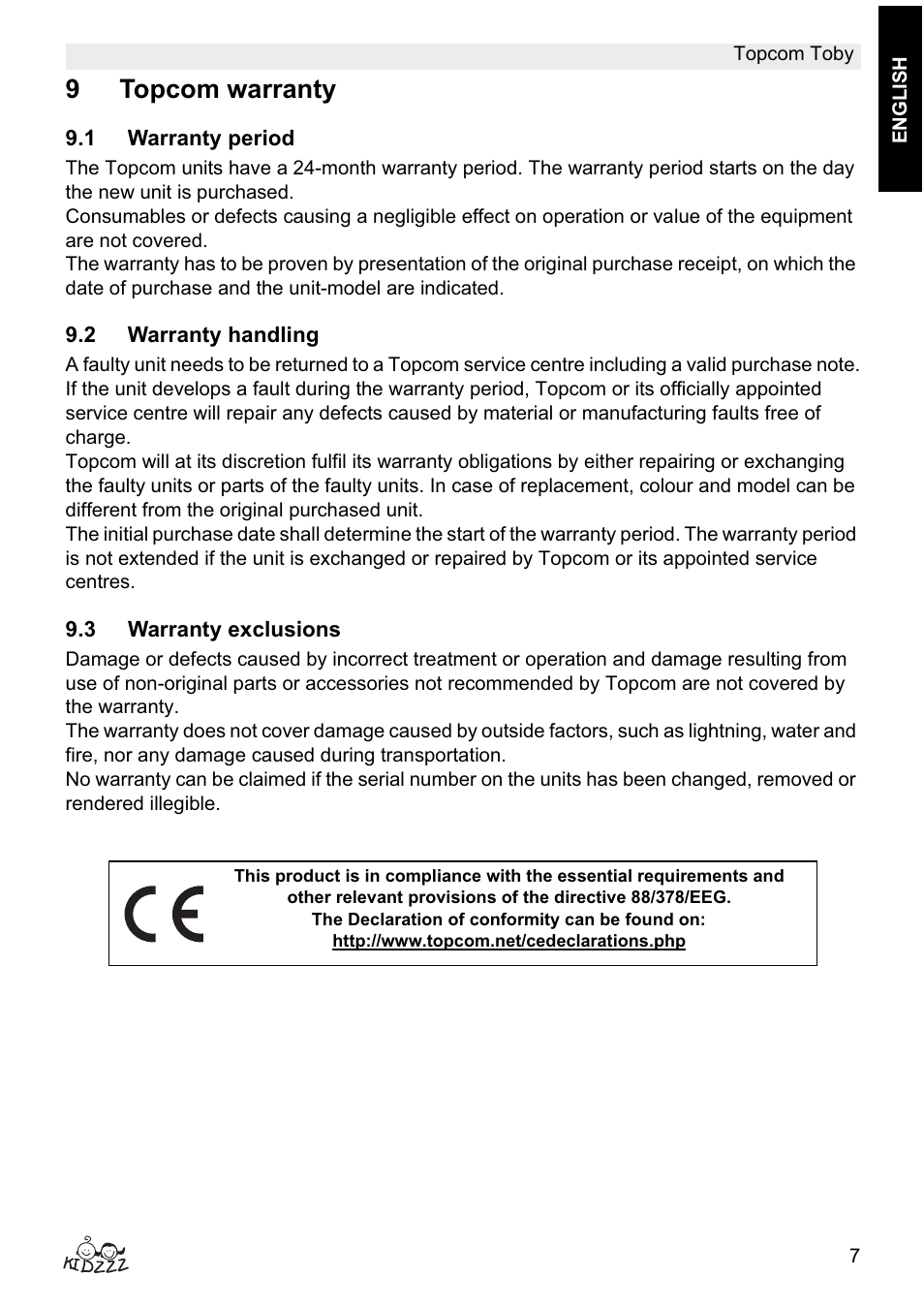 9topcom warranty | Topcom Toby User Manual | Page 7 / 76