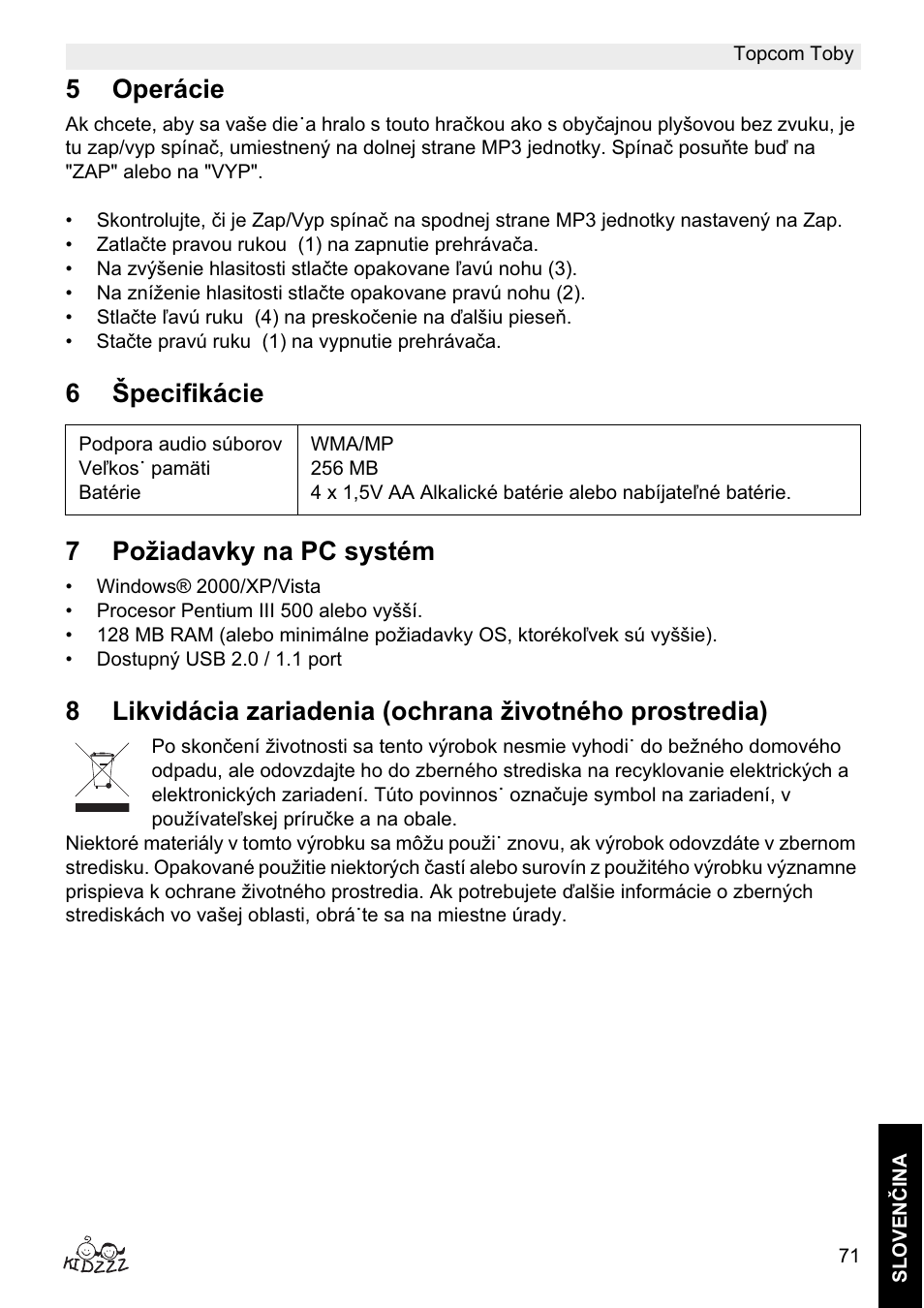 5operácie, 6špecifikácie 7 požiadavky na pc systém | Topcom Toby User Manual | Page 71 / 76