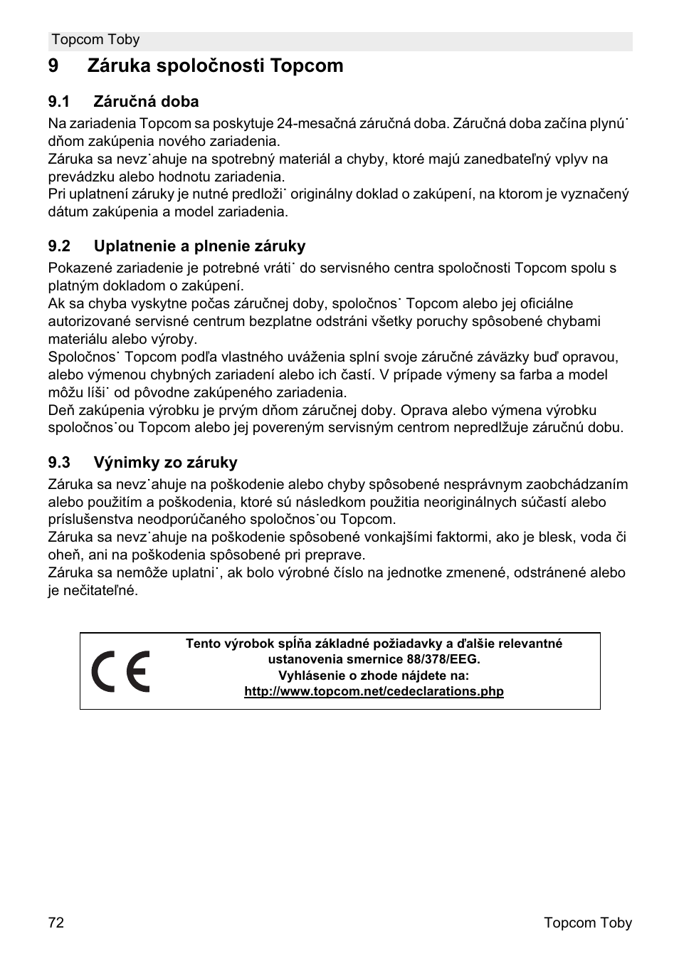 9záruka spolo þnosti topcom | Topcom Toby User Manual | Page 72 / 76