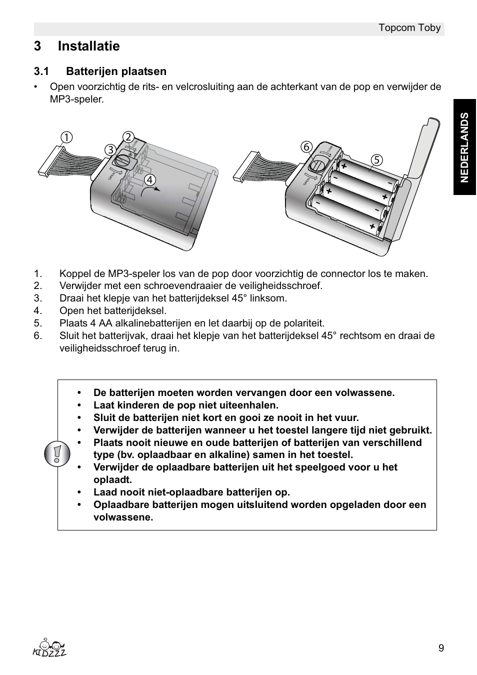 3installatie, 1 batterijen plaatsen | Topcom Toby User Manual | Page 9 / 76