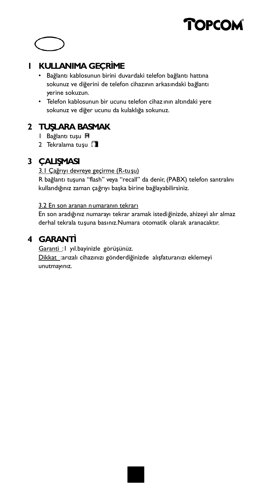 Argo, 1 kullanima geçrìme, 2 tuşlara basmak | 3 çalişmasi, 4 garantì | Topcom EVITA Telephone User Manual | Page 10 / 12