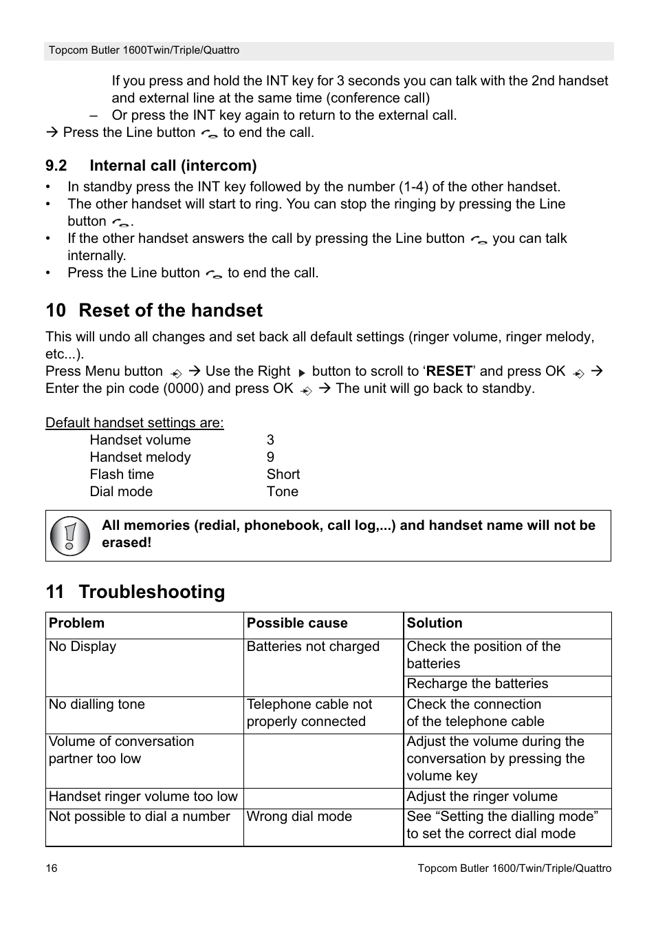 10 reset of the handset, 11 troubleshooting | Topcom BUTLER 1600 User Manual | Page 16 / 20