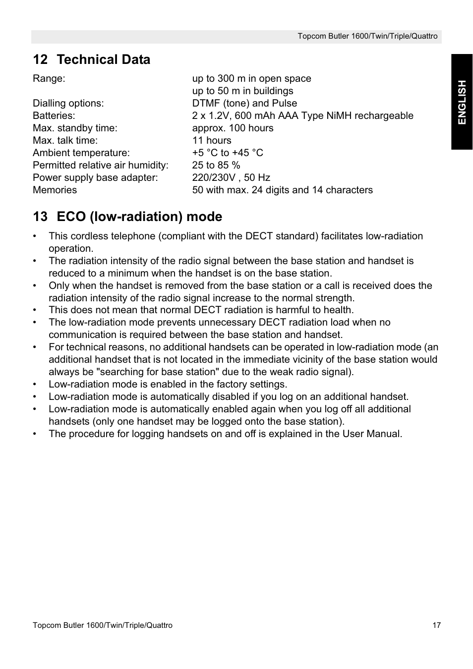 12 technical data, 13 eco (low-radiation) mode | Topcom BUTLER 1600 User Manual | Page 17 / 20