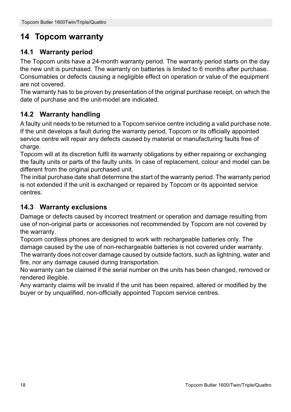 14 topcom warranty | Topcom BUTLER 1600 User Manual | Page 18 / 20