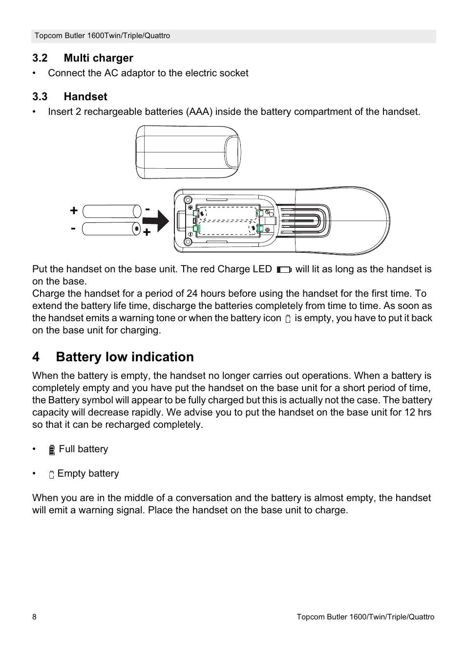 4battery low indication | Topcom BUTLER 1600 User Manual | Page 8 / 20