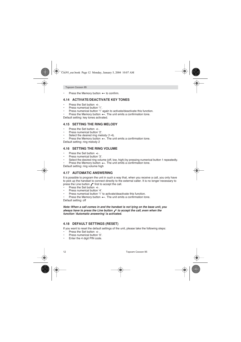 Topcom Cocoon 95 User Manual | Page 12 / 64