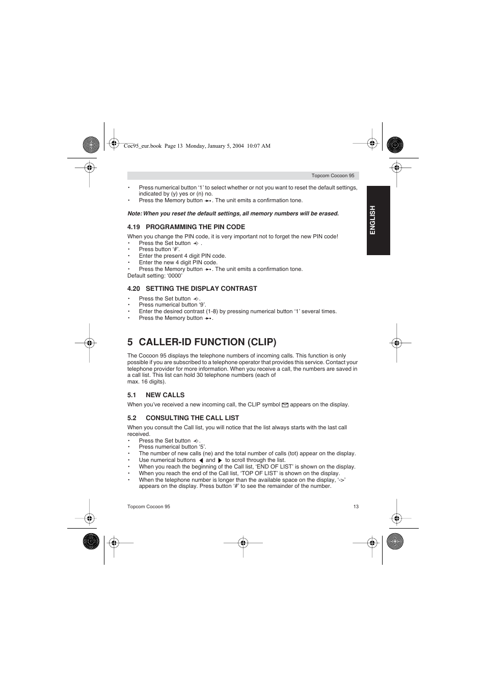 5 caller-id function (clip) | Topcom Cocoon 95 User Manual | Page 13 / 64