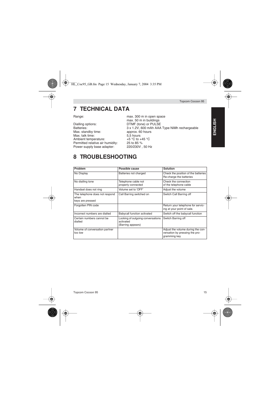 7 technical data, 8 troubleshooting | Topcom Cocoon 95 User Manual | Page 15 / 64