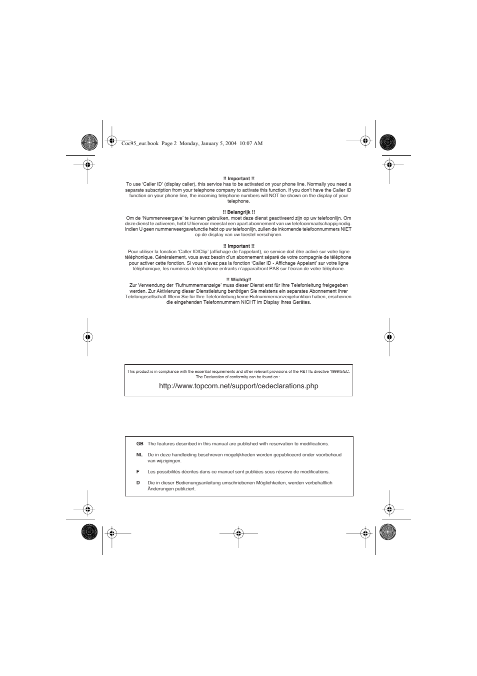 Topcom Cocoon 95 User Manual | Page 2 / 64