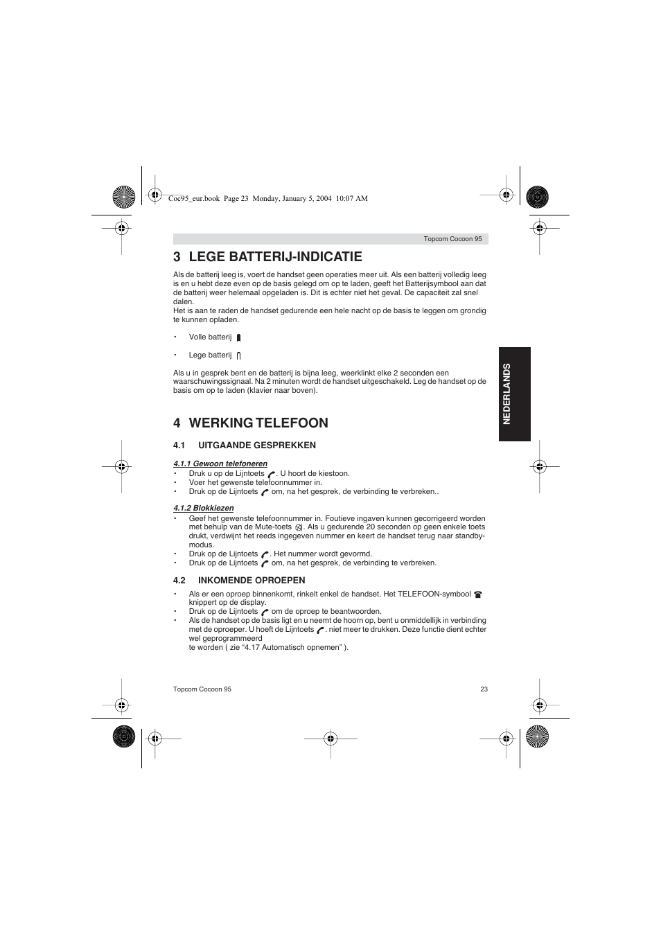 3 lege batterij-indicatie, 4 werking telefoon | Topcom Cocoon 95 User Manual | Page 23 / 64