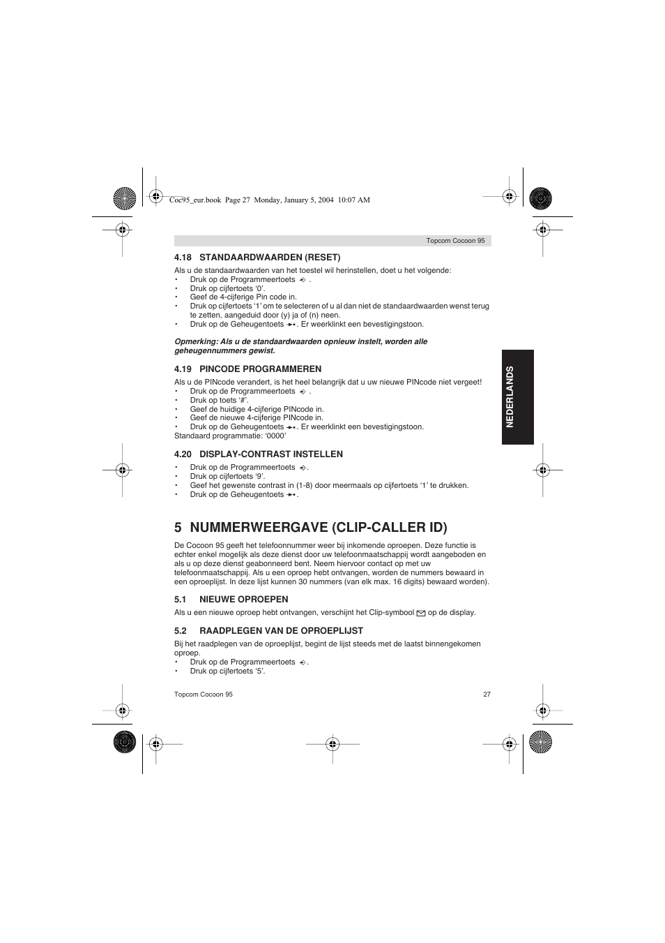 5 nummerweergave (clip-caller id) | Topcom Cocoon 95 User Manual | Page 27 / 64