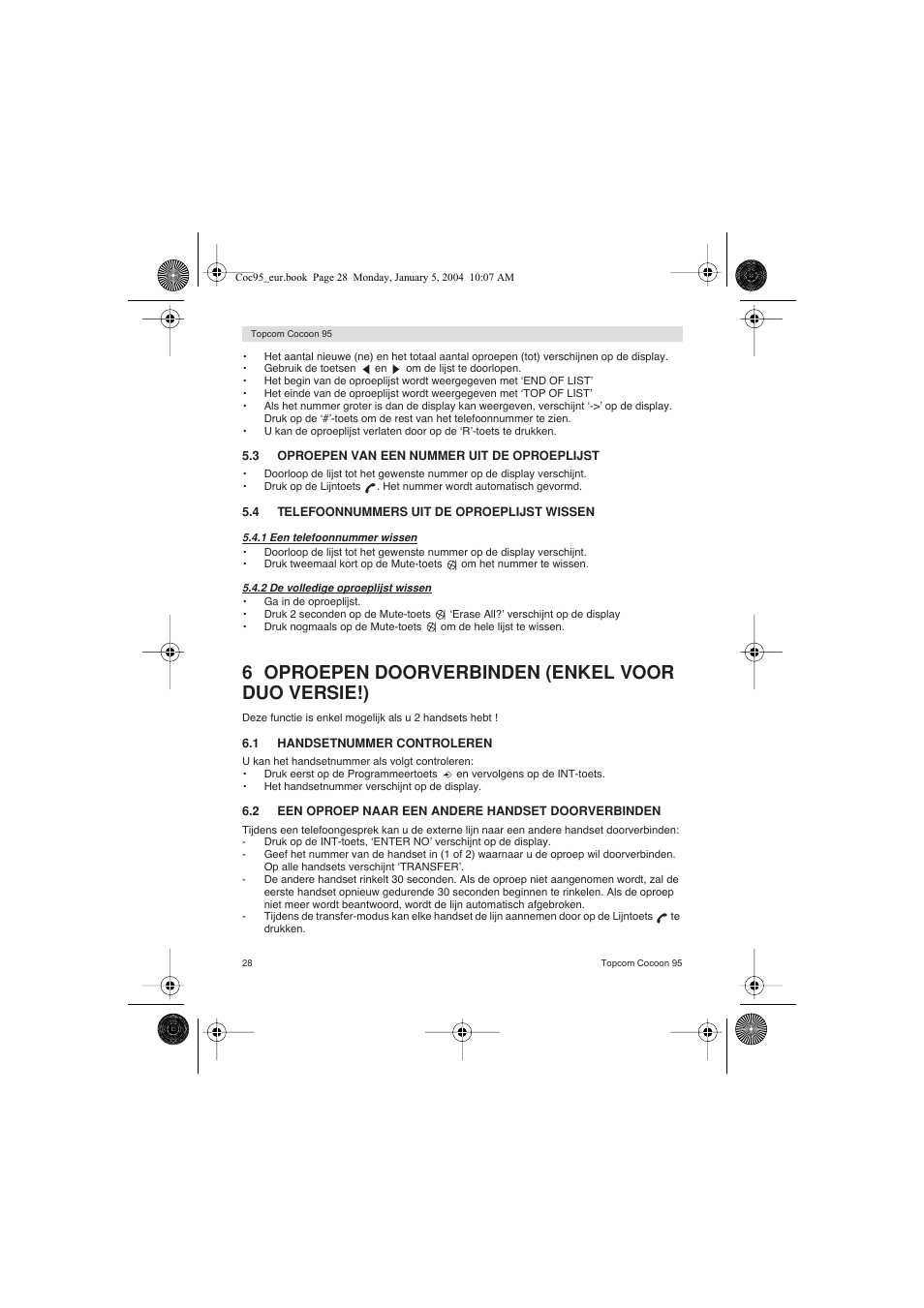 6 oproepen doorverbinden (enkel voor duo versie!) | Topcom Cocoon 95 User Manual | Page 28 / 64