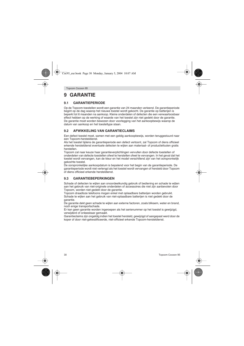 9 garantie | Topcom Cocoon 95 User Manual | Page 30 / 64