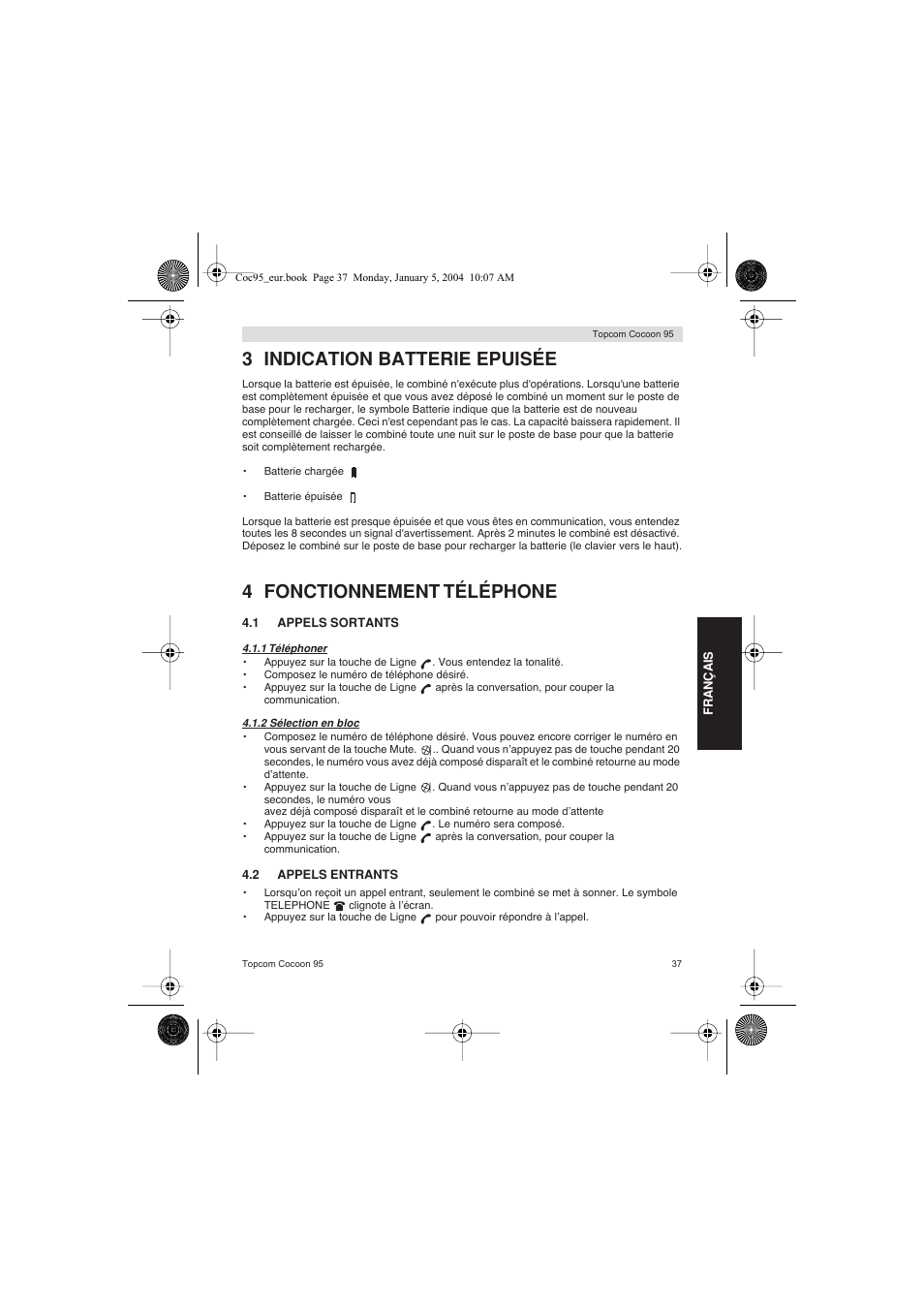 3 indication batterie epuisée, 4 fonctionnement téléphone | Topcom Cocoon 95 User Manual | Page 37 / 64