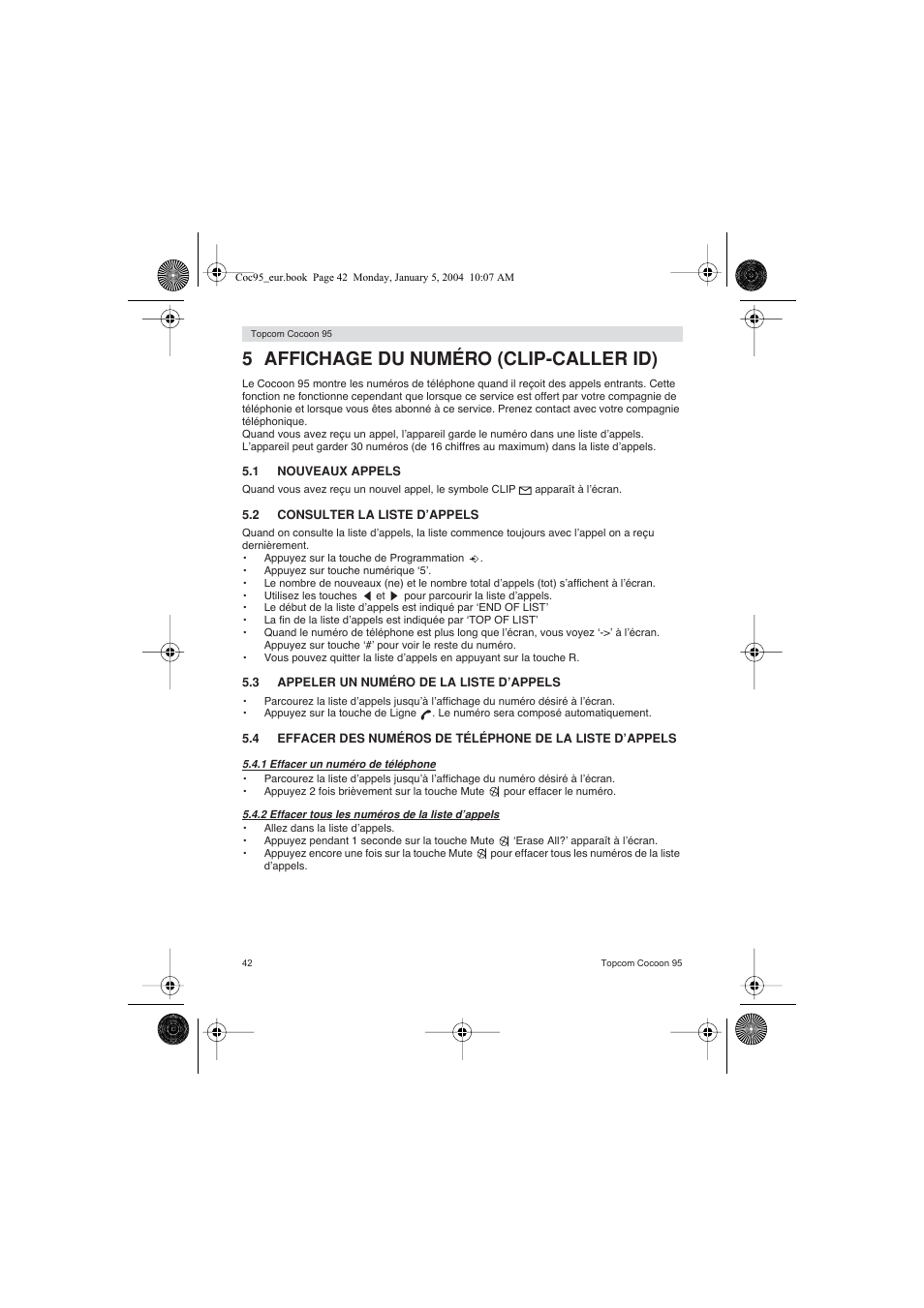 5 affichage du numéro (clip-caller id) | Topcom Cocoon 95 User Manual | Page 42 / 64
