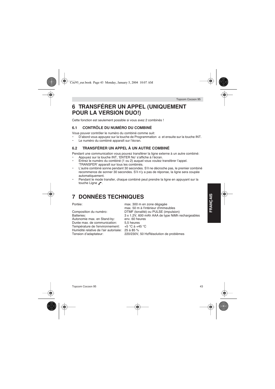 7 données techniques | Topcom Cocoon 95 User Manual | Page 43 / 64