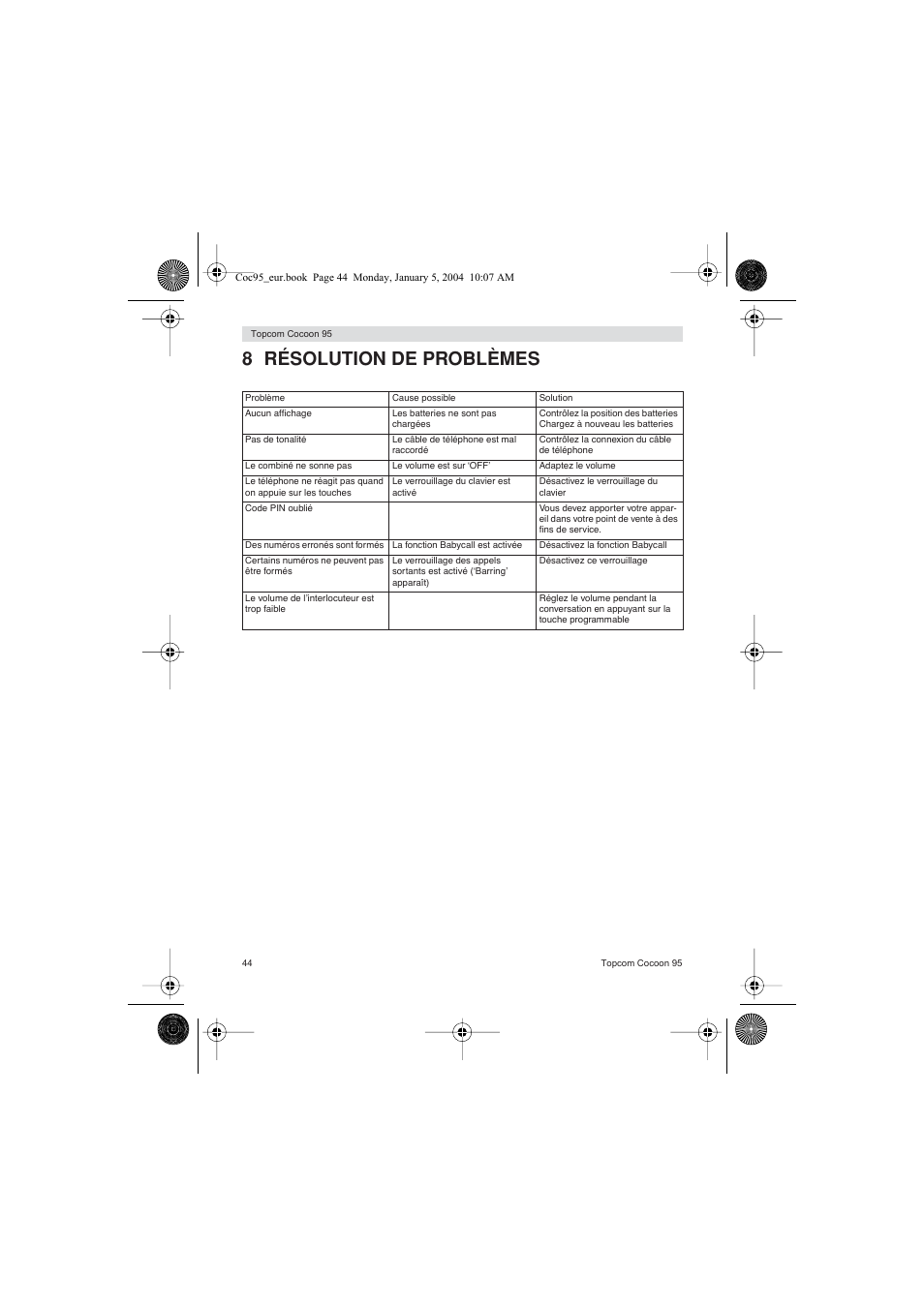 8 résolution de problèmes | Topcom Cocoon 95 User Manual | Page 44 / 64