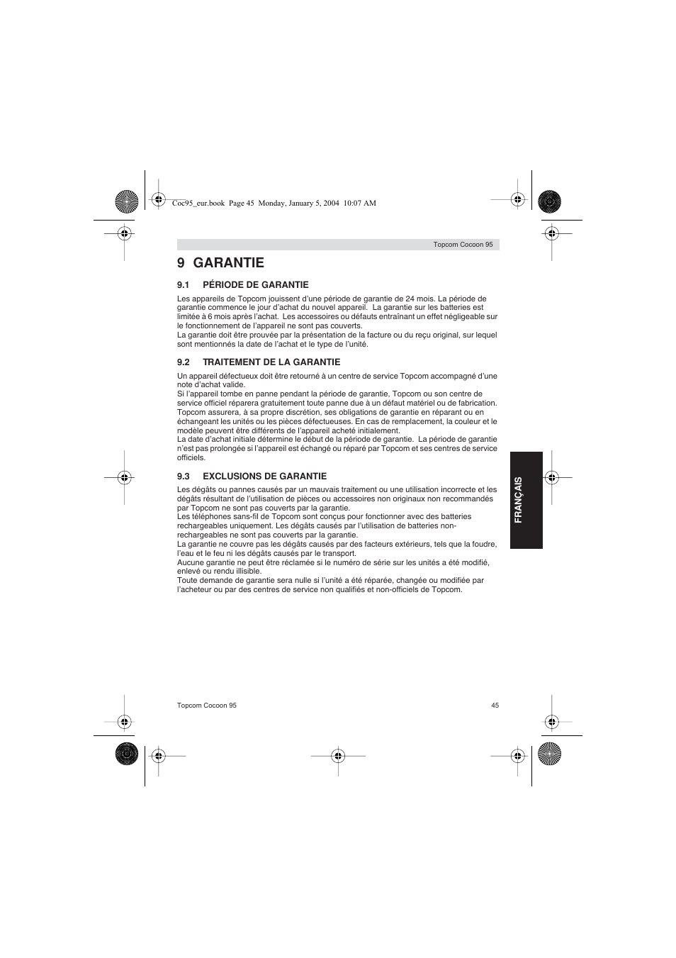 9 garantie | Topcom Cocoon 95 User Manual | Page 45 / 64