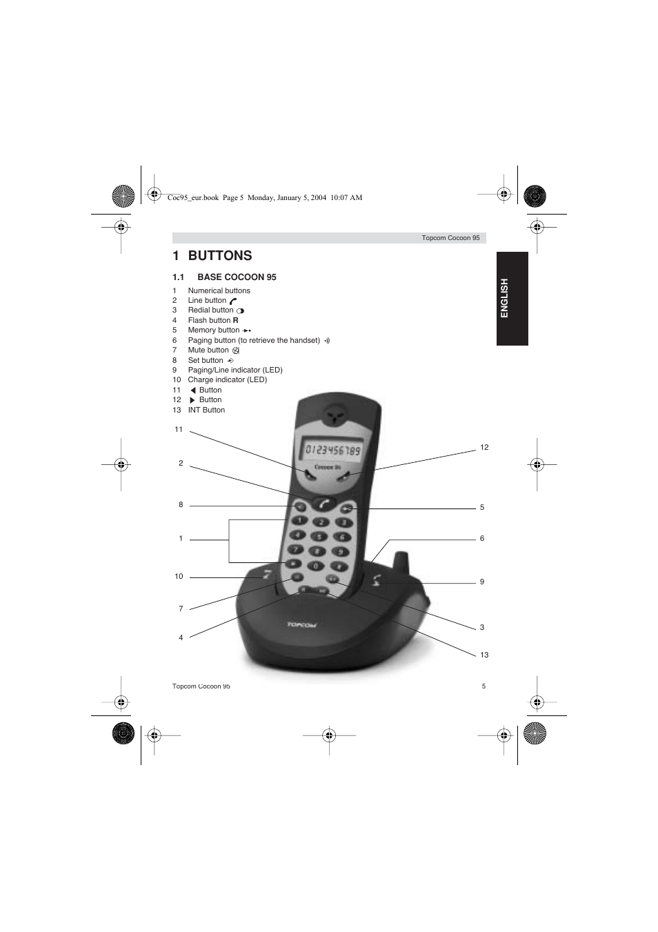 1 buttons | Topcom Cocoon 95 User Manual | Page 5 / 64