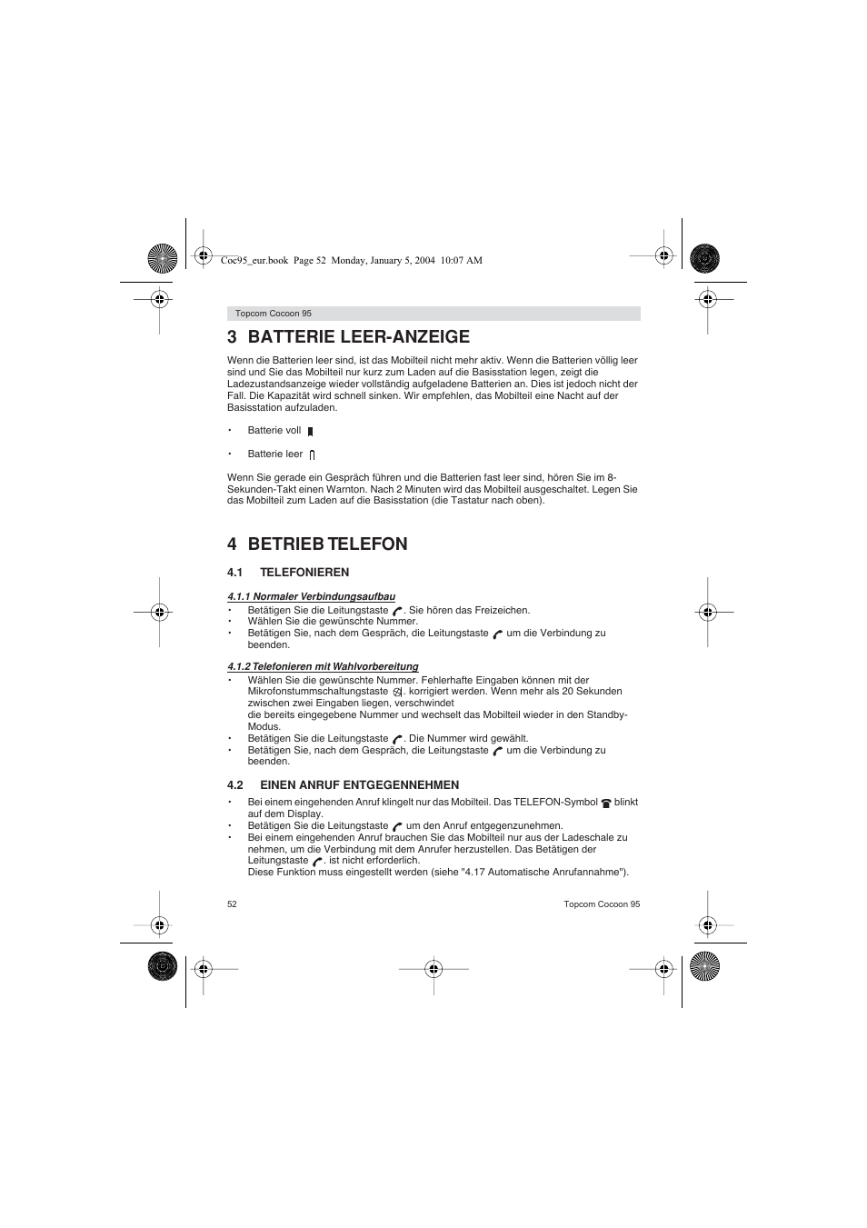 3 batterie leer-anzeige, 4 betrieb telefon | Topcom Cocoon 95 User Manual | Page 52 / 64