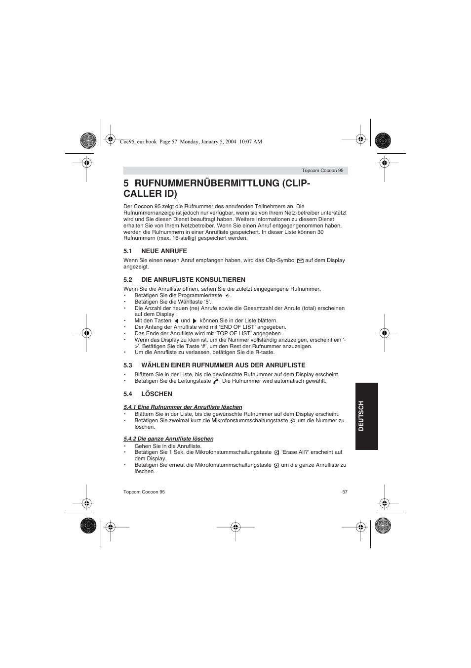 5 rufnummernübermittlung (clip- caller id) | Topcom Cocoon 95 User Manual | Page 57 / 64